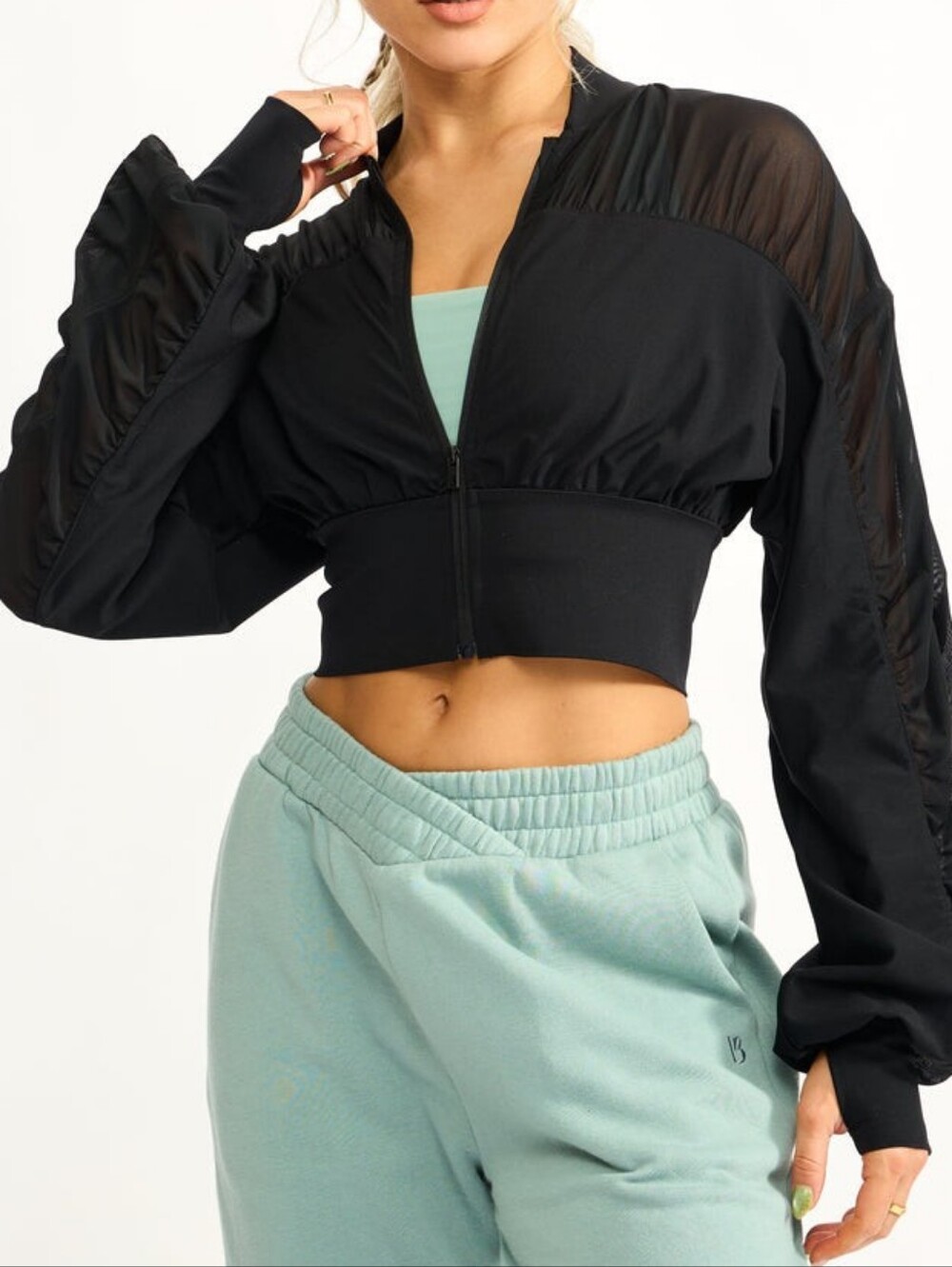 Buff Bunny Collection Mesh Cropped Zip-Front Bomber Jacket